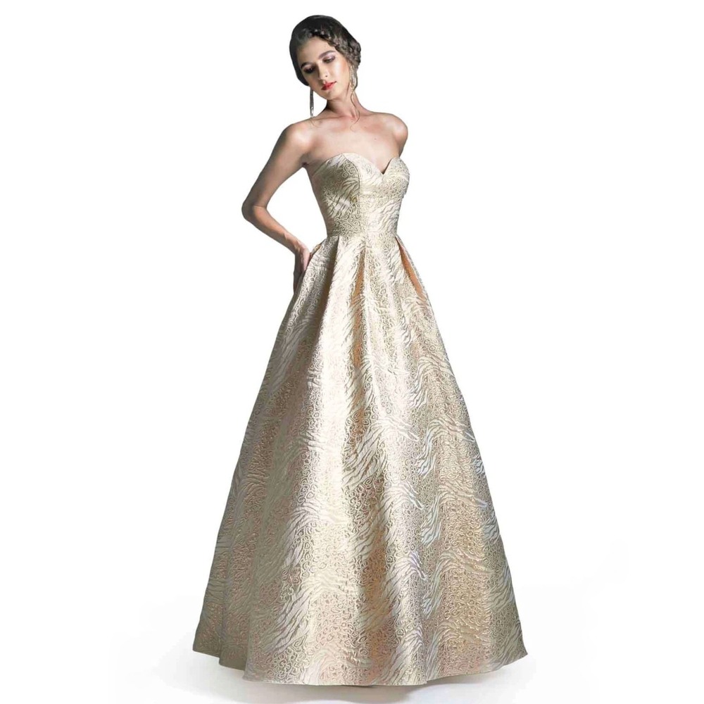 Andrea and Leo 5126 Gold Metallic Brocade Strapless Ball Gown Formal Dress